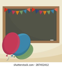 School board decorated with flags and balloons. Simple flat vector.