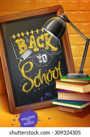 School board with lamp and books. Vector illustration back to school.