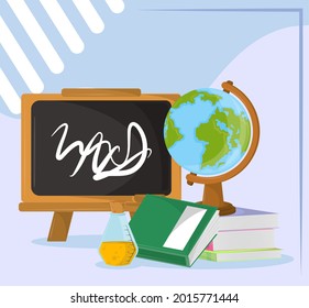 Schultafel mit Karte mit Bücherkarton