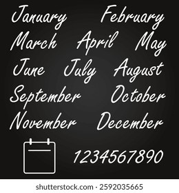 School board with the names of all the months of the year and numbers from 0 to 9. Handwritten font. Calendar icon. Flat vector illustration isolated on white background.