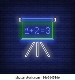School board neon sign. Flipchart, chalkboard, blackboard. Back to school concept. Vector illustration in neon style, glowing element for topics like math, mathematics, primary school