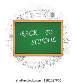 School board on the background of mathematical equations and formulas. Hand-drawn diagrams and graphs isolated on white background. Science. Doodle. Physics. Vector Illustration. Back to school. Green