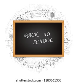 School board on the background of mathematical equations and formulas. Hand-drawn diagrams and graphs isolated on white background. Science. Doodle. Physics. Vector Illustration. Back to school.