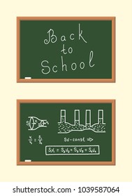 The School Board with Physical Formulas. A Calculating of Fluid Flow through Pipes. The Back to School Poster in a Flat Style. Vector Illustration