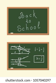 The School Board with Physical Formulas. A Calculation of the Course of Light Rays in Lenses. The Back to School Poster in a Flat Style. Vector Illustration