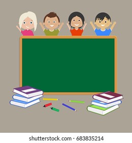 School Board, several books of different colors, pencils and a few students. vector illustration. seamless pattern.