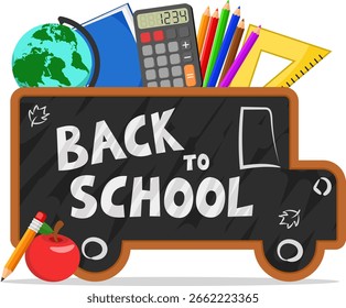 School board shape bus with pencil, apple close up on a white background. Back to school