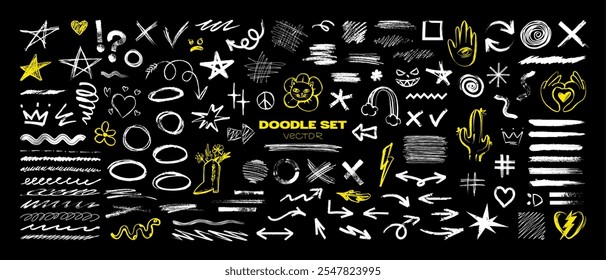 Quadro escolar, esboços e rabiscos de um caderno desenhado à mão. Caixa gráfica - rabiscos, sublinhado, setas, traços, realçadores, rabiscos, sublinhados. Rabiscos desenhados com giz, marcador. Vetor