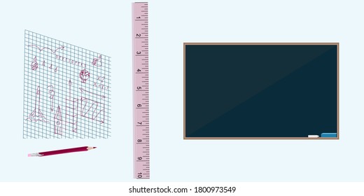 School board, squared notebook sheet, scribbles, pencil - isolated white background - vector. Back to school.