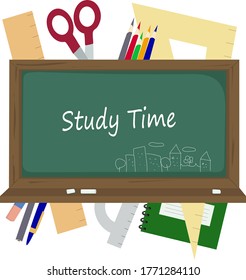 School board and teaching aids Vector illustration. Time to go to school, time to study