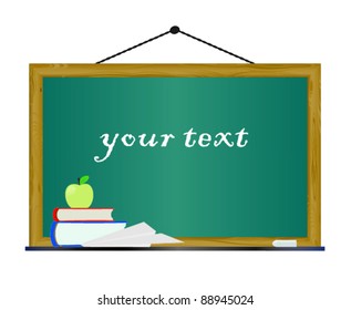 school board with text "your text". Visible  apple, paper plane, books.
