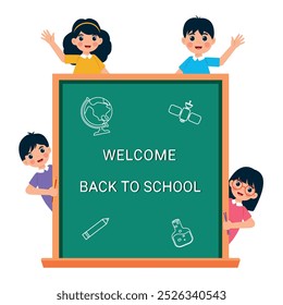 School board. welcome back to school. cute kids. flat vector illustration