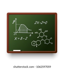 School board and wooden frame with chalk. On the blackboard is written the equation. Vector illustration in flat style.