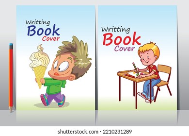 School book cover design. Cartoon background with realistic pencil. Vector template for flyer, poster, writing book, note book, dairy, play group, brochure design, Funny cartoon character.