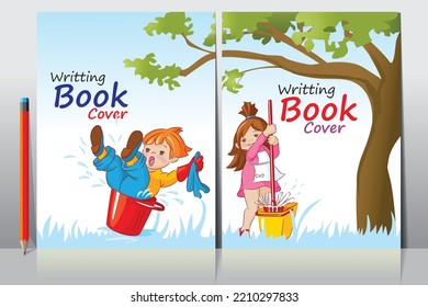 School book cover design. Cartoon background with realistic pencil. Vector template for flyer, poster, writing book, note book, dairy, play group, brochure design, Funny cartoon character.