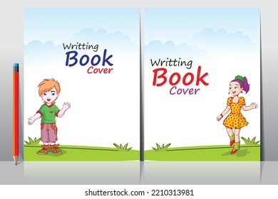 School book cover design. Cartoon background with realistic pencil. Vector template for flyer, poster, writing book, note book, dairy, play group, brochure design, Funny cartoon character.