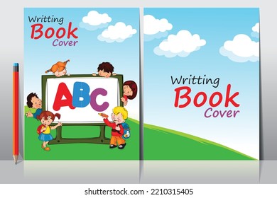 School book cover design. Cartoon background with realistic pencil. Vector template for flyer, poster, writing book, note book, dairy, play group, brochure design, Funny cartoon character.