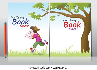 School book cover design. Cartoon background with realistic pencil. Vector template for flyer, poster, writing book, note book, dairy, play group, brochure design, Funny cartoon character.