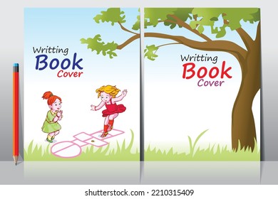 School book cover design. Cartoon background with realistic pencil. Vector template for flyer, poster, writing book, note book, dairy, play group, brochure design, Funny cartoon character.