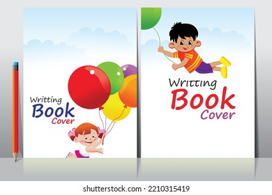 School book cover design. Cartoon background with realistic pencil. Vector template for flyer, poster, writing book, note book, dairy, play group, brochure design, Funny cartoon character.