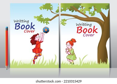 School book cover design. Cartoon background with realistic pencil. Vector template for flyer, poster, writing book, note book, dairy, play group, brochure design, Funny cartoon character.