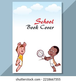 School book cover design. Cartoon background with realistic pencil. Vector template for flyer, poster, writing book, note book, dairy, play group, brochure design, Funny cartoon character.