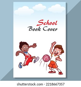 School book cover design. Cartoon background with realistic pencil. Vector template for flyer, poster, writing book, note book, dairy, play group, brochure design, Funny cartoon character.