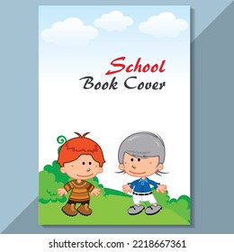 School book cover design. Cartoon background with realistic pencil. Vector template for flyer, poster, writing book, note book, dairy, play group, brochure design, Funny cartoon character.