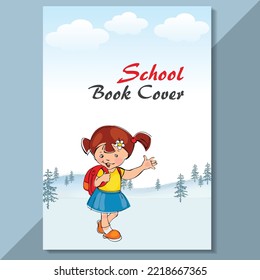 School book cover design. Cartoon background with realistic pencil. Vector template for flyer, poster, writing book, note book, dairy, play group, brochure design, Funny cartoon character.