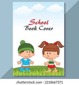 School book cover design. Cartoon background with realistic pencil. Vector template for flyer, poster, writing book, note book, dairy, play group, brochure design, Funny cartoon character.