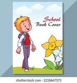 School book cover design. Cartoon background with realistic pencil. Vector template for flyer, poster, writing book, note book, dairy, play group, brochure design, Funny cartoon character.