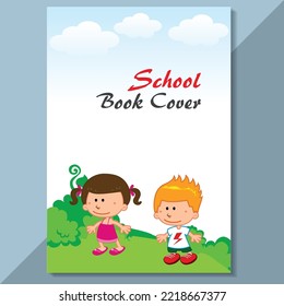 School book cover design. Cartoon background with realistic pencil. Vector template for flyer, poster, writing book, note book, dairy, play group, brochure design, Funny cartoon character.