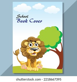 School book cover design. Cartoon background with realistic pencil. Vector template for flyer, poster, writing book, note book, dairy, play group, brochure design, Funny cartoon character.