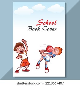 School book cover design. Cartoon background with realistic pencil. Vector template for flyer, poster, writing book, note book, dairy, play group, brochure design, Funny cartoon character.