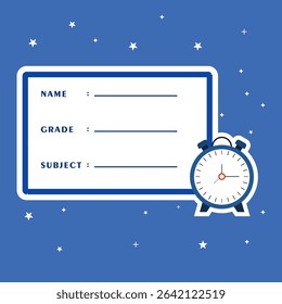 School book label with alarm clock sticker.