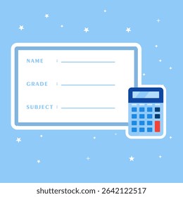 School book label with calculator sticker.