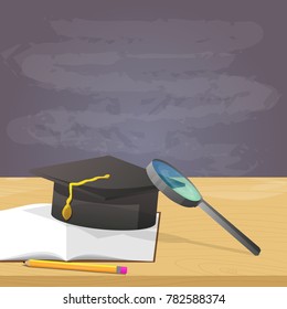 School book, pencil, graduation cap, magnifying glass and empty blackboard on the background, education concept. Vector cartoon style illustration.