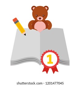 school book pencil medal and bear toy