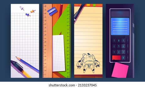 School bookmarks cartoon design with robot transformer drawing sketch, stationery pen sharpener, pencil and ruler on blank notebook pages, pins, sticky notes and calculator, Vector layout banners set