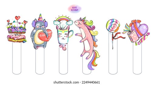 School bookmarks from the happy birthday set. Cat with a heart, pink unicorn, cake, rainbow, gifts. Hobbies for children and adults.