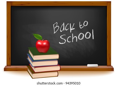 School books with apple on desk. School board background. Vector.
