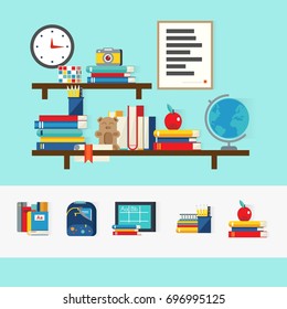 School books concept with educational accessories on brown shelves and set of learning icons isolated vector illustration