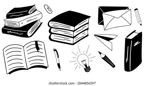 School books doodle elements. Black vector illustration. Notebook, pen sketch