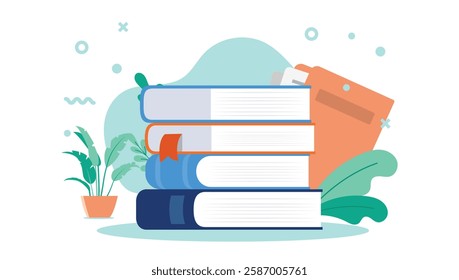 School books and education illustration - Vector graphic with stack of educational book collection on top of each other, isolated on white background