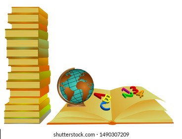 school books with globe and opening book with number