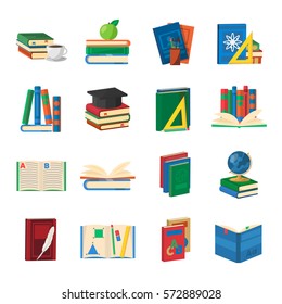 School books icons set with  educational accessories dictionaries and literature manuals of technical sciences isolated vector illustration