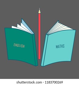 school books on Maths English and pencil. Suitable for logo, web or printed production about school supplies, stationery. Vector