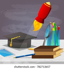 School books, pen, pencils, graduation cap, magnifying glass, flying rocket and empty blackboard on the background, education concept. Vector cartoon style illustration.