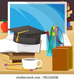School books, pencil, graduation cap, laptop, apple, magnifying glass and coffee on a school desk. Education concept. Vector cartoon style illustration.