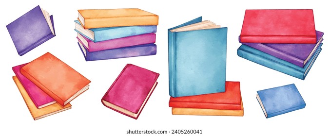 school books pile. education book heap. Study books stack. Textbook stack for reading. hand drawn watercolor illustration	
